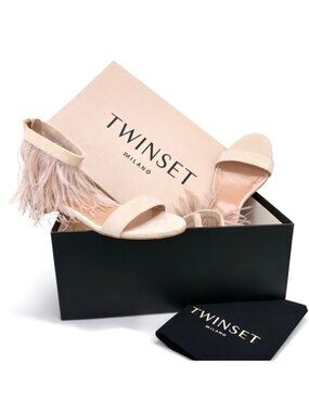 Twin-Set Feather Embellished Suede Leather Sandals Womens 35 EU Blush Pink Flats